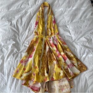 Yellow & Pink Tie-Dye Halter Dress With Open Back
